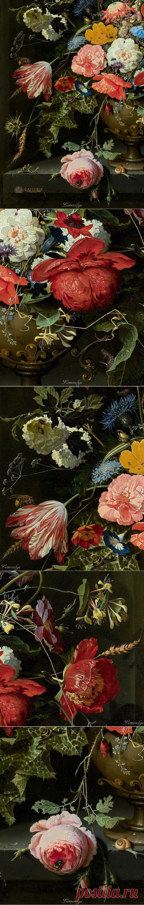 Шедевр в деталях | Абрахам Миньон (Abraham Mignon, 1640–1679, German-Dutch) - Цветы в металлической вазе.