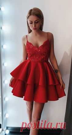 vintage a line red tierrd short homecoming dresses, modest spaghetti straps prom party dress, chic hoco dress