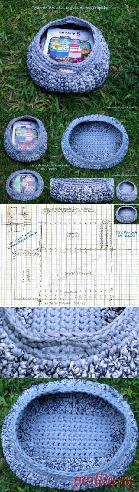 EU TAMBÉM CROCHETO...: Cesto de Revistas Rombudo em Trapilho