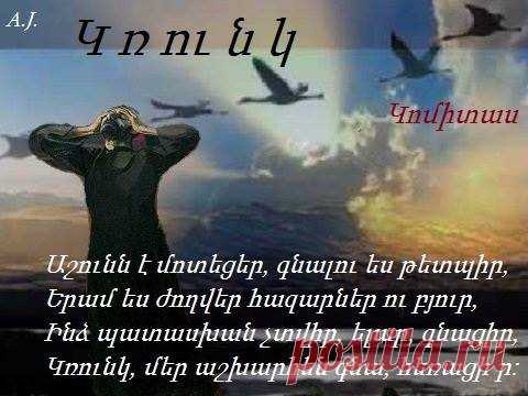 Կռունկ,ուստիկուգաս,ծառա եմ ձայնիդ
Կռունկ,մեր աշխարհեն խապրիկ մի չունիս
Մի՛ վազեր,երամիդ շուտով կհասնիս
Կռունկ,մեր աշխարհեն խապրիկ մը չունիս
Թողել եմ ու եկել մըլքերս ու այգիս
Քանի որ ախ կանեմ,կու քաղվի հոգիս
Կռունկ,պահ մի կացի՛ր,ձայնիկդ ի հոգիս
Կռունկ,մեր աշխարհեն խապրիկ մը չունիս
Քեզ բան հարցնողին չես տանիր տալապ
Ձայնիկդ անուշ կուգա քան զջրի տոլապ
Կռունկ,Պաղտատ իջնուս կամ թե ի Հալապ
Կռունկ,մեր աշխարհեն խապրիկ մը չունիս
Սրտերնիս կամեցավ,ելանք,գնացինք
Այս սուտ աստնվորիս բաներն իմացանք