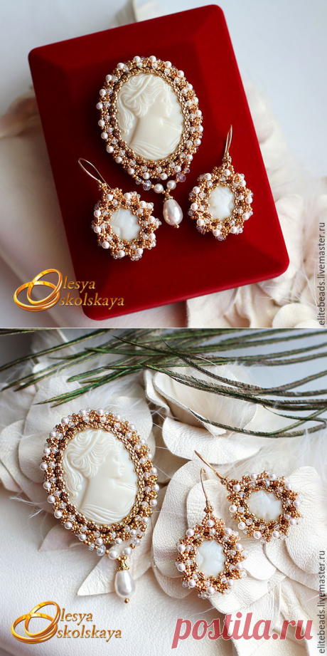 Купить №170 - Брошь и серьги CAMEO III Камея с дамой в золоте - золотой, айвори