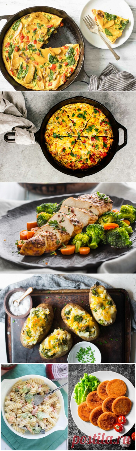 6 рецептов бюджетного, вкусного ужина. 
1. Грудка печеная с овощами. 2. Картофельно-овощная фриттата. 3. Печеный картофель. 4. Рыбные котлеты. 5. Макаронный салат. 6. Яблочные сырники