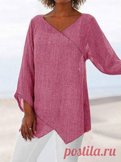 Cotton Blend Casual Slit Long Sleeve Blouse – modcherry