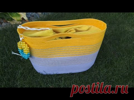 Сумка из шнура в технике зигзаг,сумка шопер,сумка с прямыми стенками.DIY. сумка своими руками