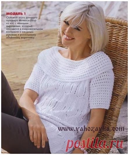 Пуловер с объемным воротником спицами. Летняя кофточка спицами описание Пуловер с объемным воротником и узором из кос. Летняя кофточка спицами описание