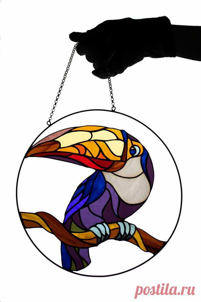 Stained glass bird Toucan Window hanging bird Glass art Gift idea Stai Lovely ToucanWindow hanging suncatcher made of stained glass pieces by my own disign.Handmade using Tiffany copper foil technique.Looks amazing in the sunlight.You will get it completely ready for installation. It comes with a self-adhesive hook and copper chain.It will be a great gift for friends or relatives. Width: