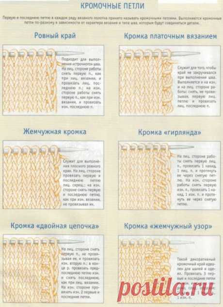 Виды кромочных петель Кромочная в виде шнураПодходит для вязания шарфов, палантинов, пледов.При расчете количества петель для шарфа для кромки оставляем по 3 петли с каждой стороны.Лицевой ряд:первую петлю снимаем, следующие 2 петли провязываем лицевыми; далее вяжем по задуманному узору до последних 3-х...