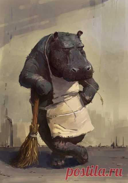 Рисунок. Бегемот дворник.