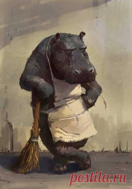 Рисунок. Бегемот дворник.