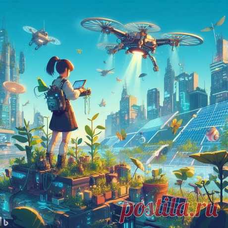девочка - пилот беспилотника solarpunk, город, растения и технологии.