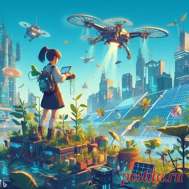 девочка - пилот беспилотника solarpunk, город, растения и технологии.