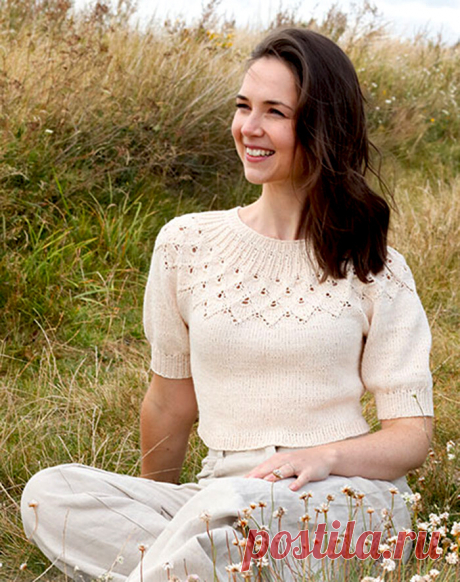 Топ с круглой ажурной кокеткой с узором из листьев (Вязание спицами) — Журнал Вдохновение Рукодельницы