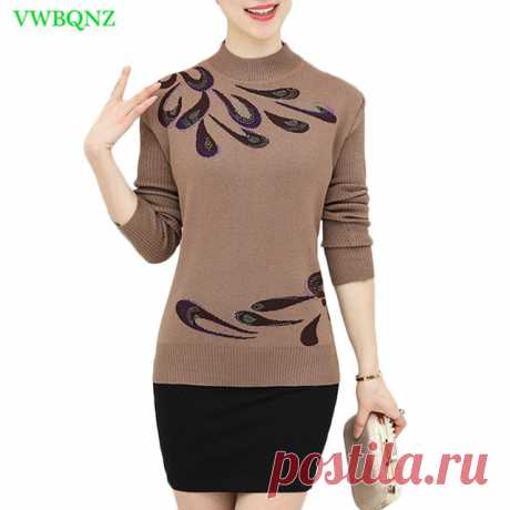 Осень зима теплые пуловеры свитер среднего возраста Для женщин с цветочным принтом шерстяные свитера женский Благородный Большие размеры Вязание рубашка A681 купить на AliExpress