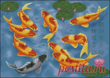 Девять карпов - талисман удачи и благополучия.Схема вышивки 9 карпов |