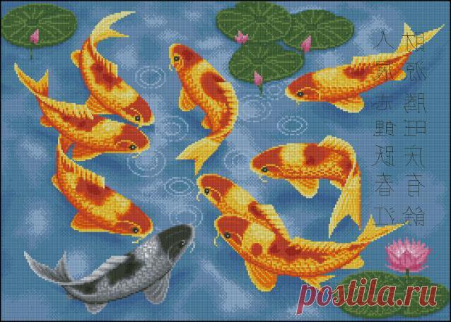 Девять карпов - талисман удачи и благополучия.Схема вышивки 9 карпов |