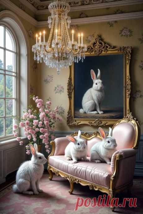 Surreal Bunny Art in Victorian Floral Interior