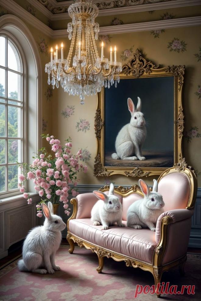 Surreal Bunny Art in Victorian Floral Interior