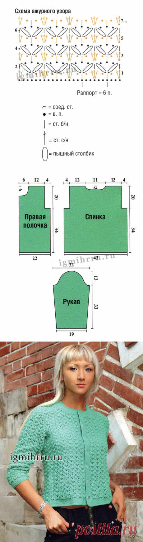 АЖУРНАЯ КОФТОЧКА ЗЕЛЕНОГО ЦВЕТА С УЗОРОМ ИЗ ПЫШНЫХ СТОЛБИКОВ.