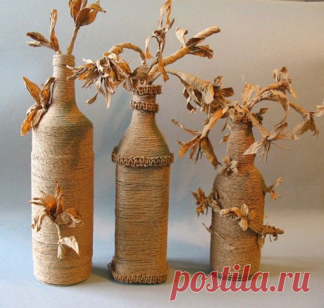 Декорирование стеклянных бутылок шпагатом — Рукоделие