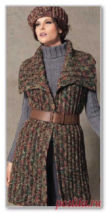 Вязание спицами. Фотогалерея женских вязанных моделей. Удлиненный жилет с большим воротником апаш. Размер: 42 (46; 50)