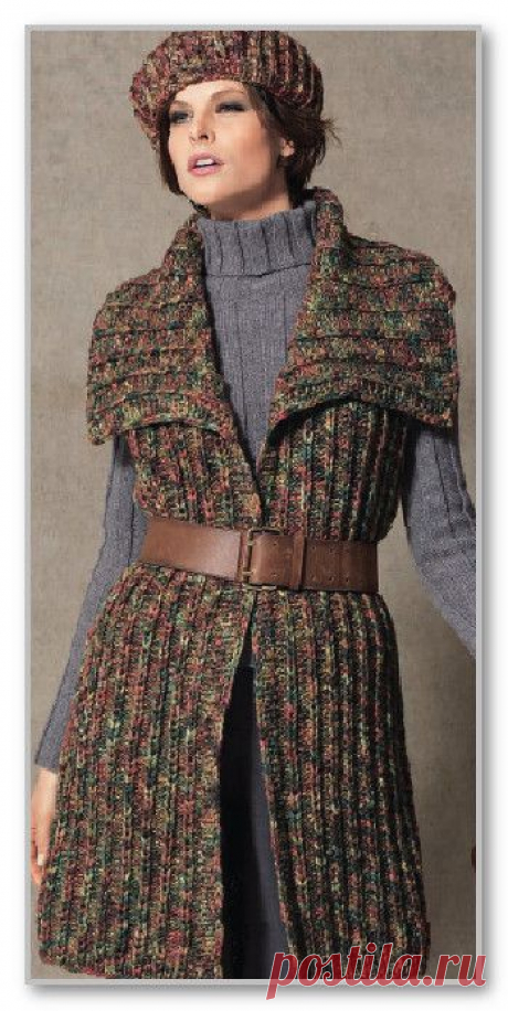 Вязание спицами. Фотогалерея женских вязанных моделей. Удлиненный жилет с большим воротником апаш. Размер: 42 (46; 50)