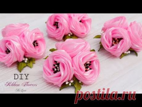 ЦВЕТЫ ИЗ ЛЕНТ / РЕЗИНКИ С ЦВЕТАМИ, МК / DIY Ribbon Flowers