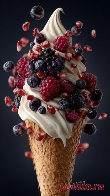Яркий рожок с мороженым и свежими ягодами в фотореалистичном исполнении. Изображение из нейронной сети Midjourney - Midjourney примеры промтов - Форум ИИ о нейросетях - Yes Ai