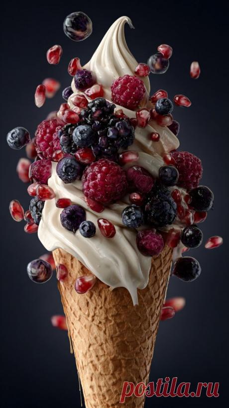 Яркий рожок с мороженым и свежими ягодами в фотореалистичном исполнении. Изображение из нейронной сети Midjourney - Midjourney примеры промтов - Форум ИИ о нейросетях - Yes Ai