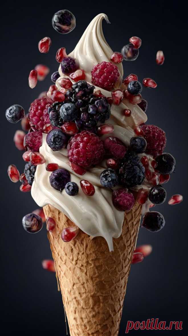 Яркий рожок с мороженым и свежими ягодами в фотореалистичном исполнении. Изображение из нейронной сети Midjourney - Midjourney примеры промтов - Форум ИИ о нейросетях - Yes Ai