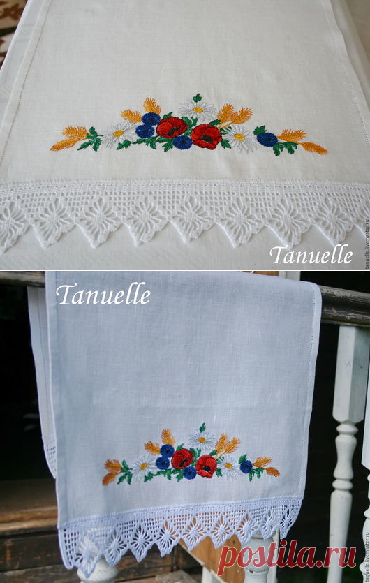Купить Льняной рушник с вышивкой и кружевом Полевые цветы - белый, льняной рушник, рушник льняной