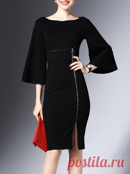 Черный Оболочка Колокол Рукав Молния Разрез Миди Платье Магазин платья Миди - черный платье 3/4 рукав молния Миди платье онлайн. Откройте для себя уникальные модные дизайнеры в StyleWe.com.