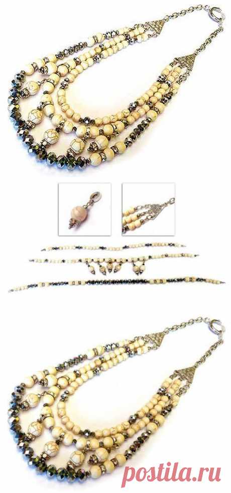 Колье из нескольких рядов: стеклянных бусин, ронделей со стразами и Говлита | МОЙ МИЛЫЙ ДОМ – идеи рукоделия, вязание, декорирование интерьеров