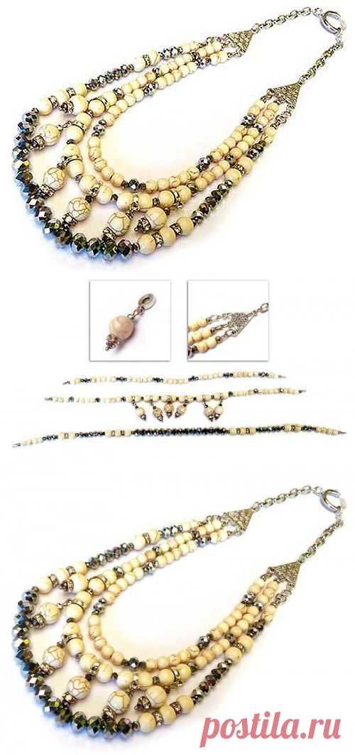 Колье из нескольких рядов: стеклянных бусин, ронделей со стразами и Говлита | МОЙ МИЛЫЙ ДОМ – идеи рукоделия, вязание, декорирование интерьеров