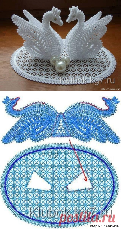 лебеди связанные в технике брюгкского кружева