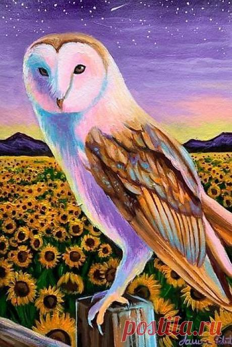 Амбарная сова в поле подсолнечника Лорен Элизабет Искусство животных | Красный пузырь