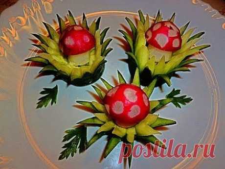 Украшения из овощей! Карвинг огурца и редиса! Decoration of vegetables. Carving radish and cucumber.