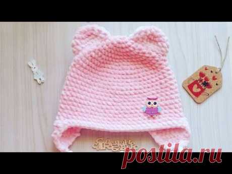 Шапочка для ребенка с ушками из плюшевой пряжи/ детская шапочка крючком 2часть