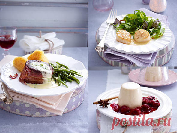 Праздничное меню - на Новый год 
	
	Праздничное меню на Новый год может быть и таким - очень и очень праздничным, побалуйте себя и своих родных бесподобными вкусняшками...
	
	Приготовьте это праздничное меню, состоящее из
	
	1. Закуска: Гребешки
	2. Основное блюдо: Говяжье филе в беконе
	3. Десерт: Панна Котта 
	
	К чаю/кофе: Десерт Bolo de bolacha