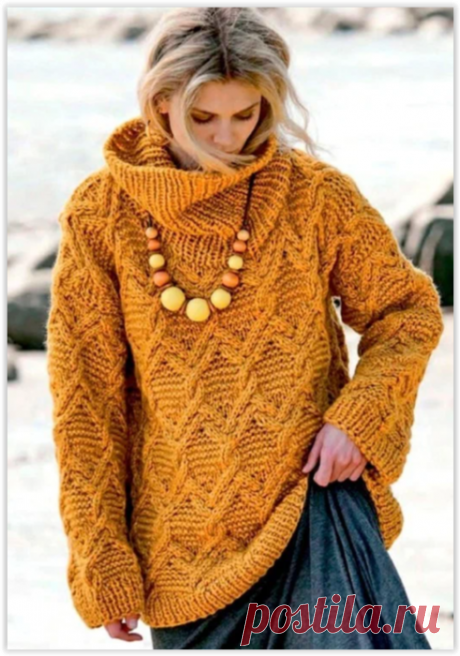 Теплые и красивые свитера в модном горчичном цвете - описание и схемы вязания спицами!