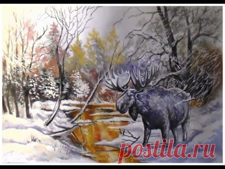 Рисуем лося в лесу. Как нарисовать зимний пейзаж акрилом и гуашью