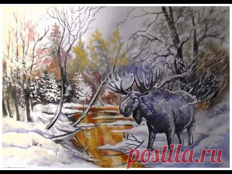 Рисуем лося в лесу. Как нарисовать зимний пейзаж акрилом и гуашью