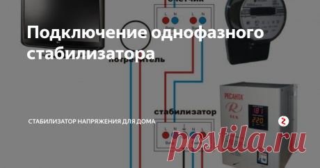 Подключение однофазного стабилизатора 1. Вариант.
Подключение однофазного стабилизатора после счетчика.
Такое подключение чаще всего делается, когда требуется подключить весь дом или квартиру.
После счетчика устанавливается автоматический выключатель (автомат), выход из автомата идет на вход стабилизатора, а из стабилизатора на автоматы разводки по квартире или дому. Важно подводить фазу к фазе, ноль к нулю.