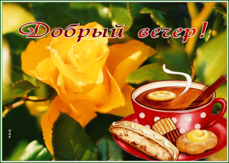 Славная открытка добрый вечер с розочкой и чаем