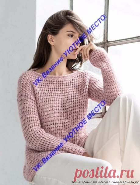 Пуловер и снуд из FILATI(на английском)
Размер : 36/38(40/42, 44/46)
Пряжа :Lana Grossa Mia (30 % мохер, 26 % шерсть, 25 % шелк, 19 % полиамид, 105 м/25 г) 225 (250 – 275) г розового (Fb 2); спицы № 5, длиной 40 см, круговые спицы № 5.
Текстурный узор : число петель кратно 2+2 кромочные
Вязать по диаграмме. Число справа обозначает ряды на ЛС, с левого края- указывают на ряды ИС, раппорт узора 2 п. между стрелками .
Повторите ряды 1-4 для узора .
Обозначения:
=кромочная
=ли...