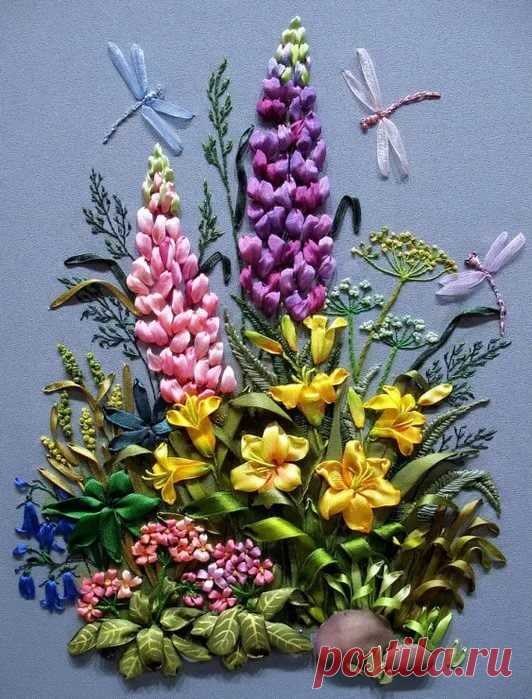 Люпины в вышивке лентами. Картинки можно напечатать. Печать принтов А3-170р, А4-120р, А5-75р