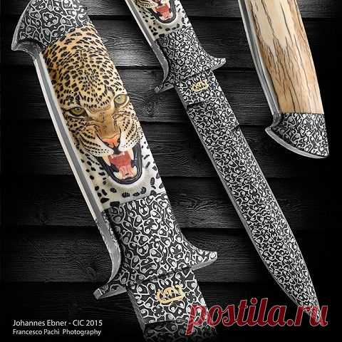 Нож от Johannes Ebner. Дамасская сталь. Рог. Скримшоу. Леопард.