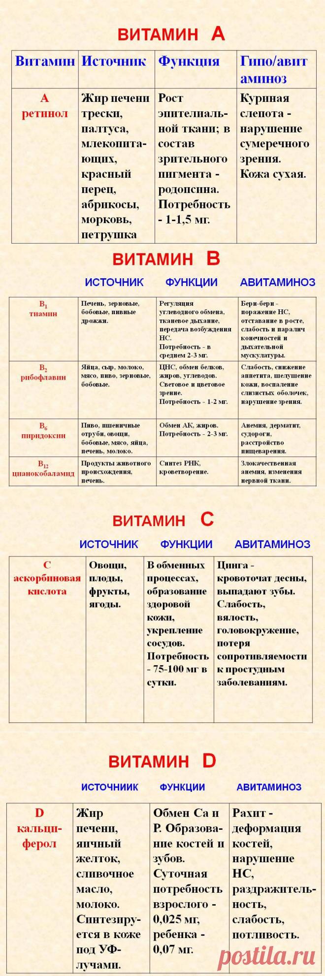 Витамины и их источники.