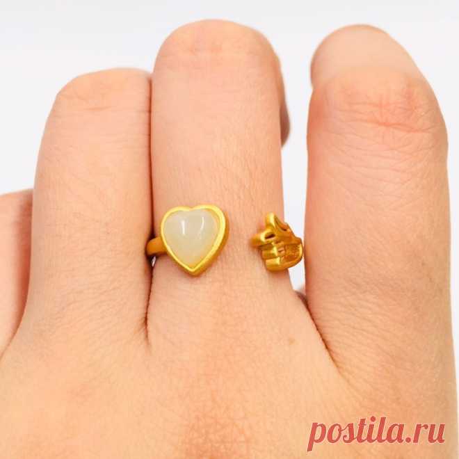 S925 silver heart ring-White Hotan Jade Inlay Ring-14K Gold | Etsy