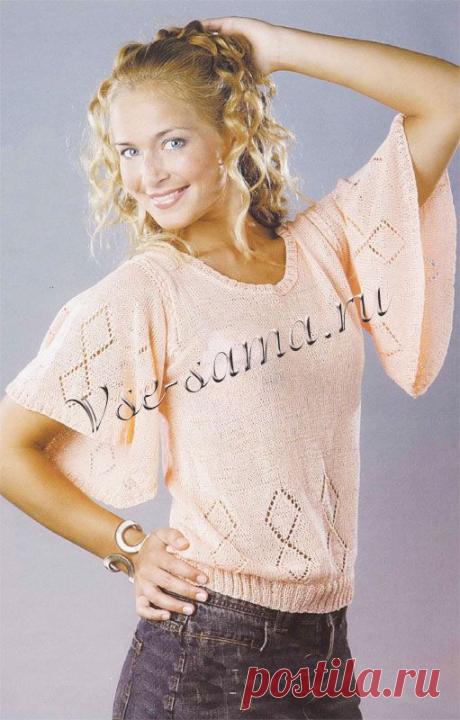 Персиковый пуловер с широкими рукавами - Пуловер