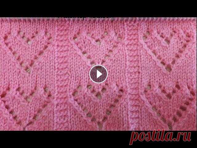 Красивый узор спицами "Сердечки". 16+16+16...+3+2...